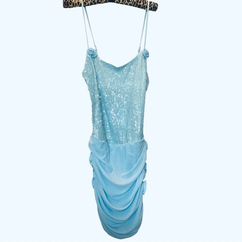Powder Blue Sequin Rosette Cocktail Dress NWT Ruched Draped‎ Size 4